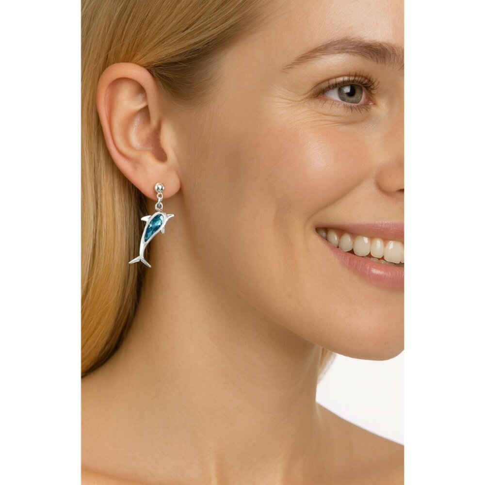 Silver Plated Dolphin Drop Earrings | Blue Abalone Inlay | Pierced Studs - Picture 3 of 9